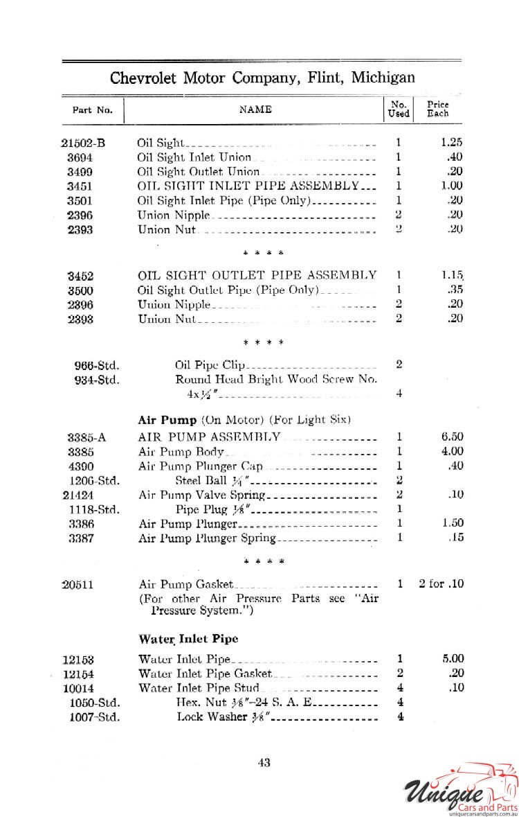 1912 Chevrolet Light and Little Six Parts Price List Page 41